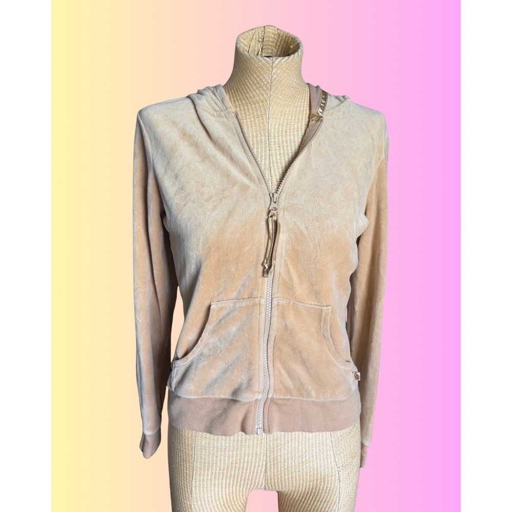 Vintage Y2K Old Navy Velour Zip Up Hoodie Tan Beige Size Small Fitted Excellent